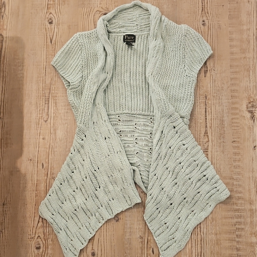 PURE Handknit Cardigan Sweater Chunky Short Sleeve Light Blue Open Front